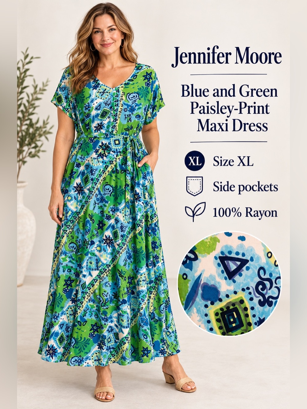 Jennifer Moore Blue and Green Paisley-Print Maxi Dress - XL